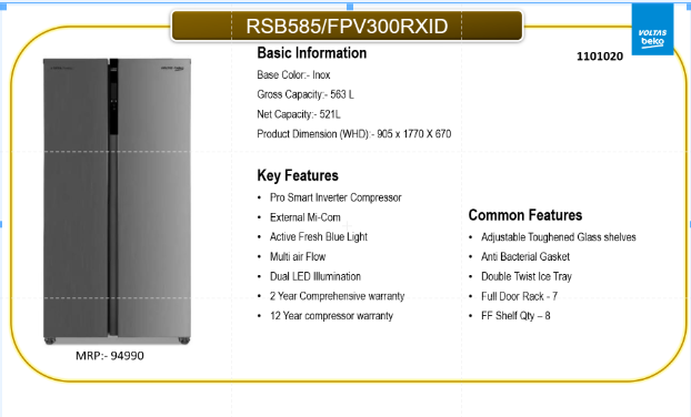 Side-by-Side Double Door Refrigerator 563L (Model: RSB585 / FPV300RXID) - Image 3