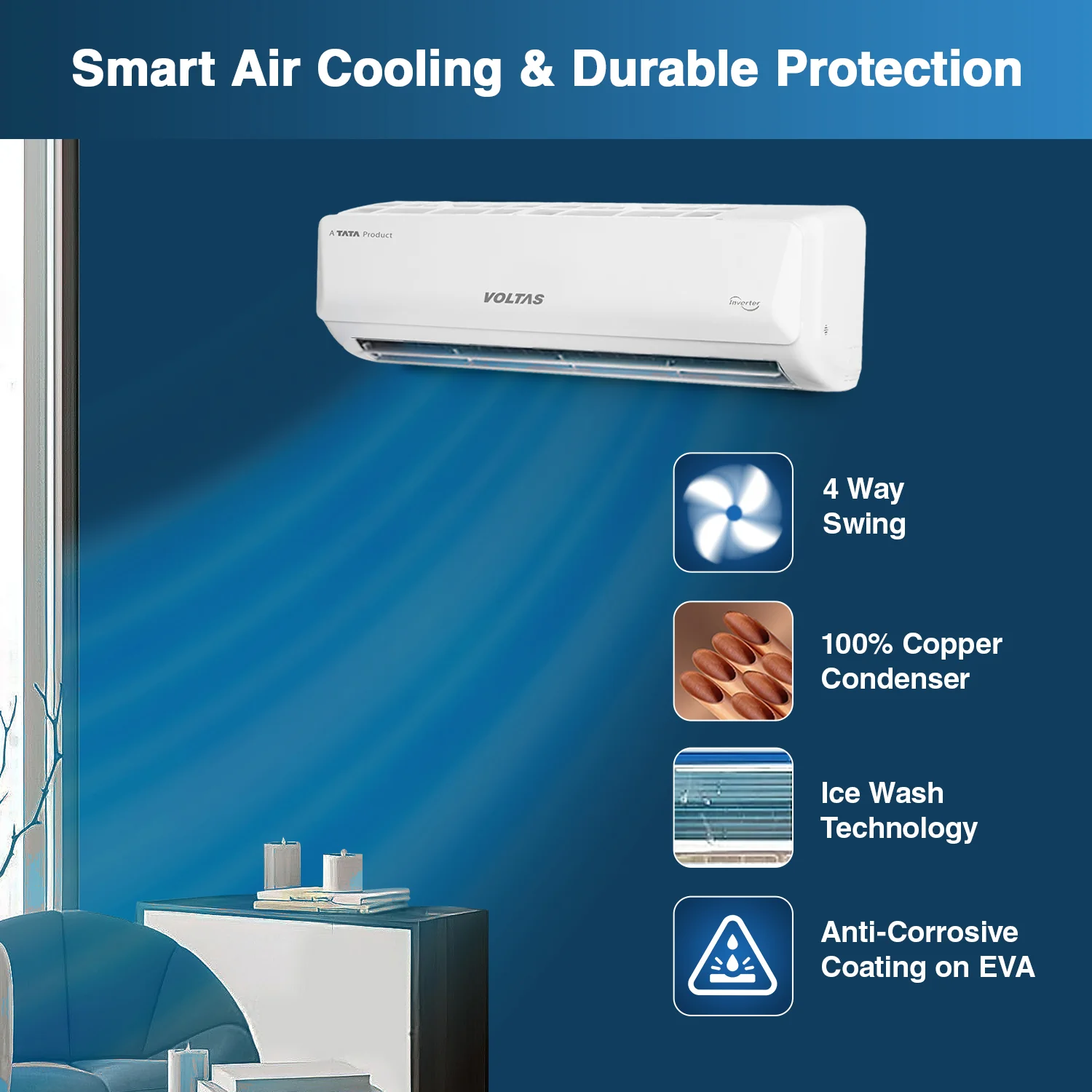 Voltas SmartAir Inverter AC, 1.5 Ton, 5 star - 185V Vertis Emerald - Image 4