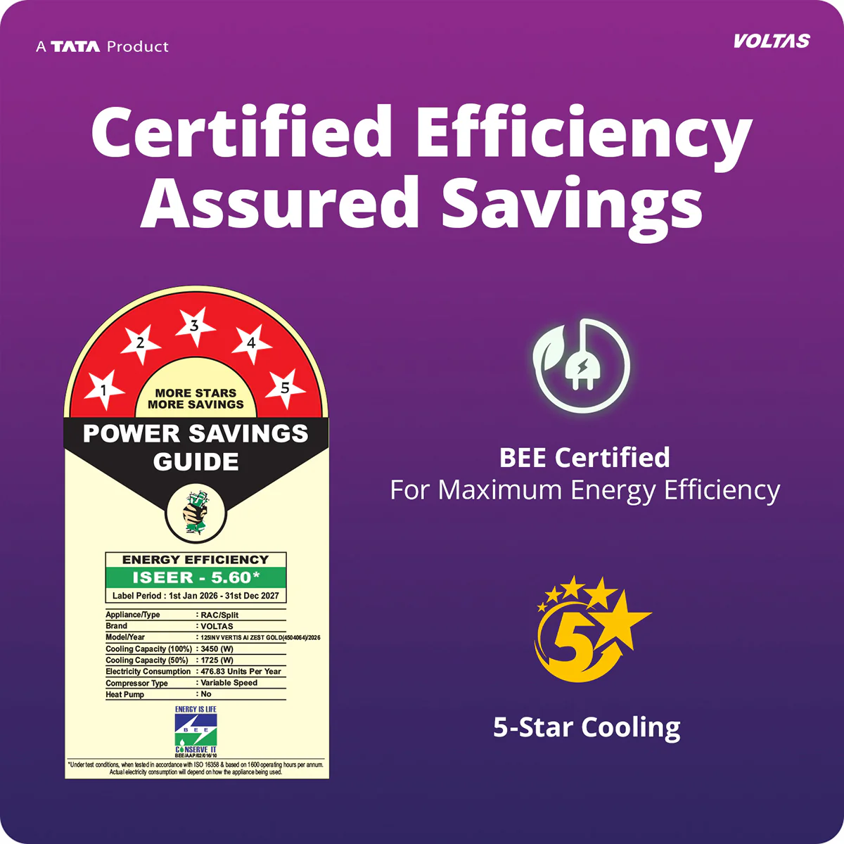 Voltas Split Air Conditioner, 1 Ton, 5 star - 125INV Vertis AI Zest Gold - Image 2