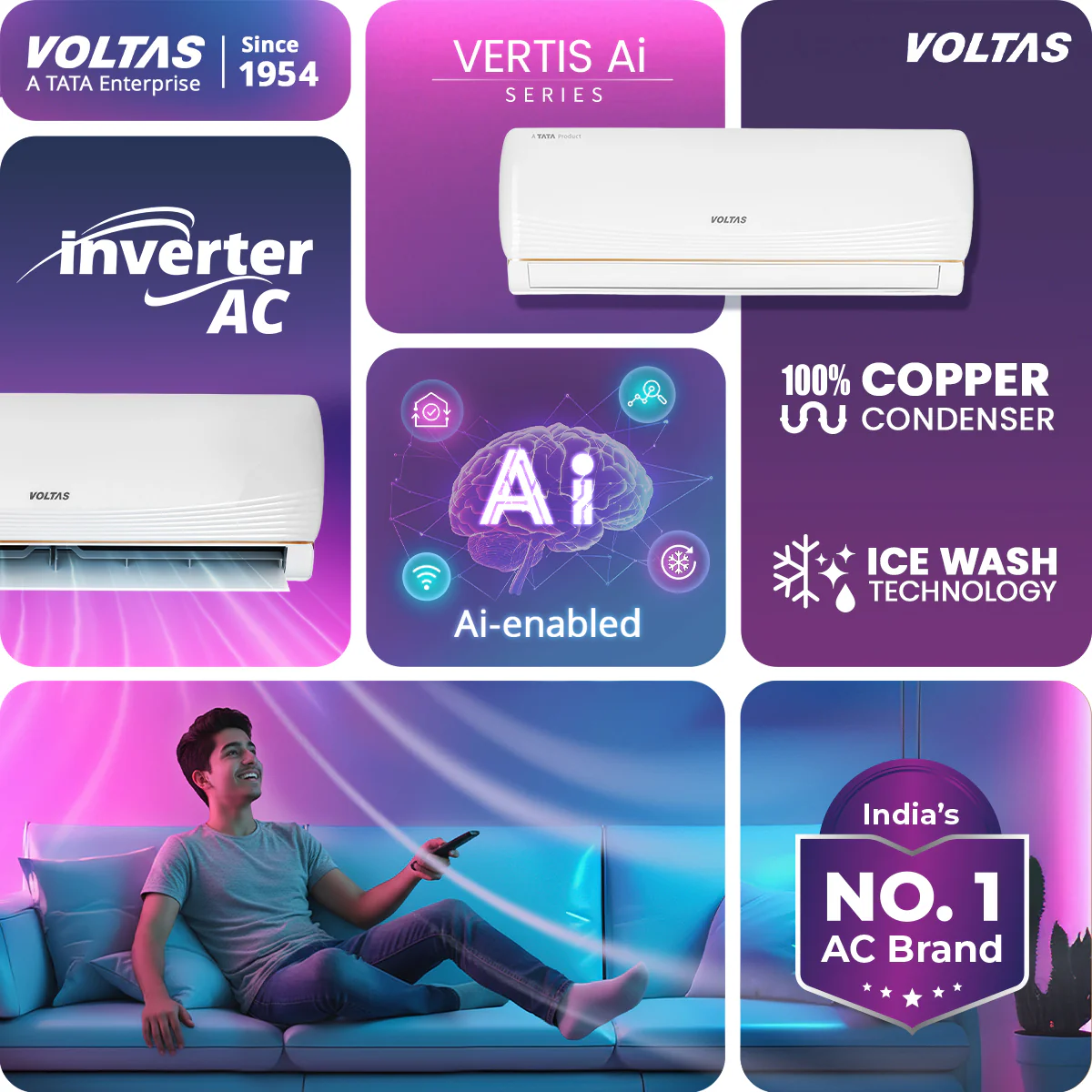 Voltas Split Air Conditioner, 1 Ton, 5 star - 125INV Vertis AI Zest Gold - Image 3