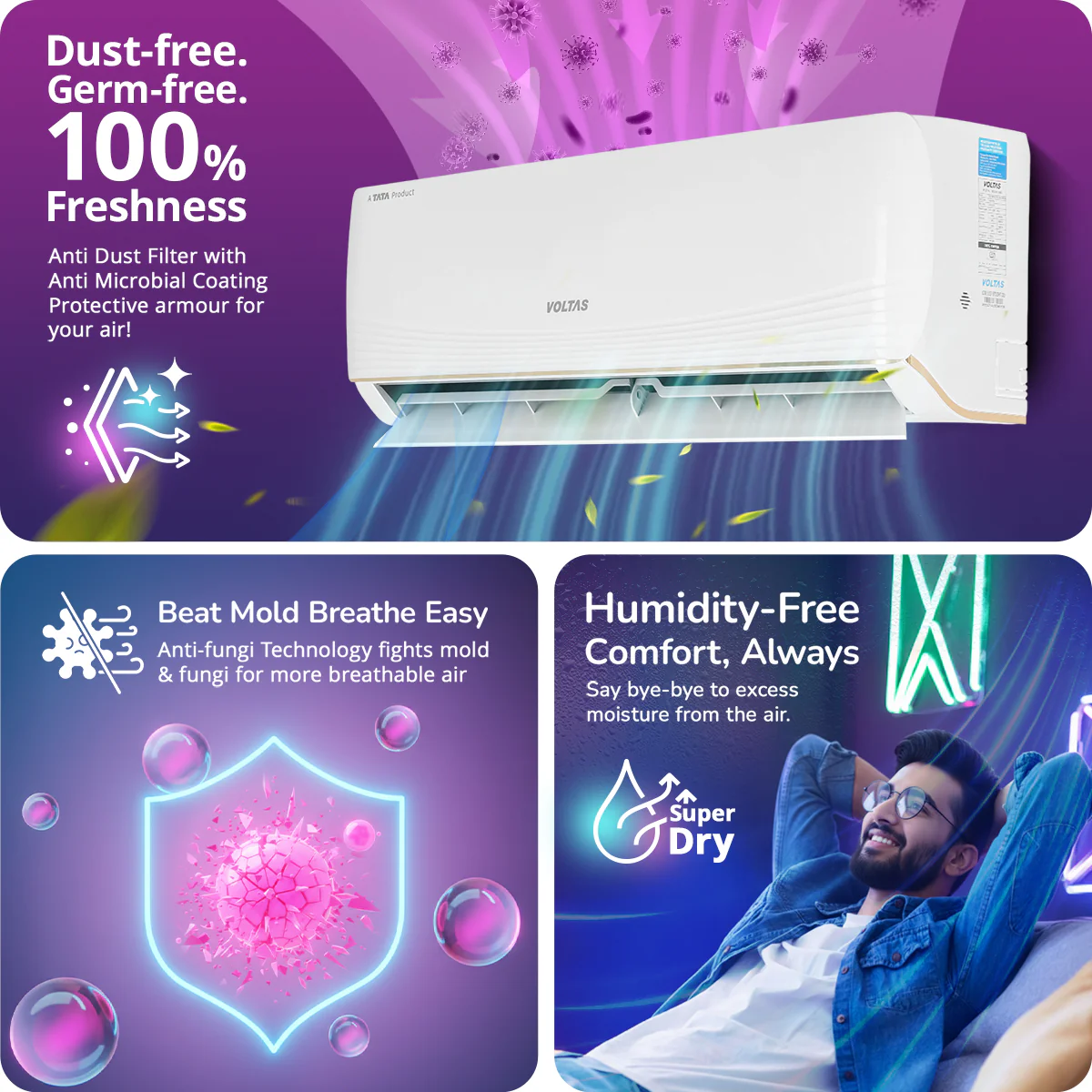 Voltas Split Air Conditioner, 1 Ton, 5 star - 125INV Vertis AI Zest Gold - Image 9